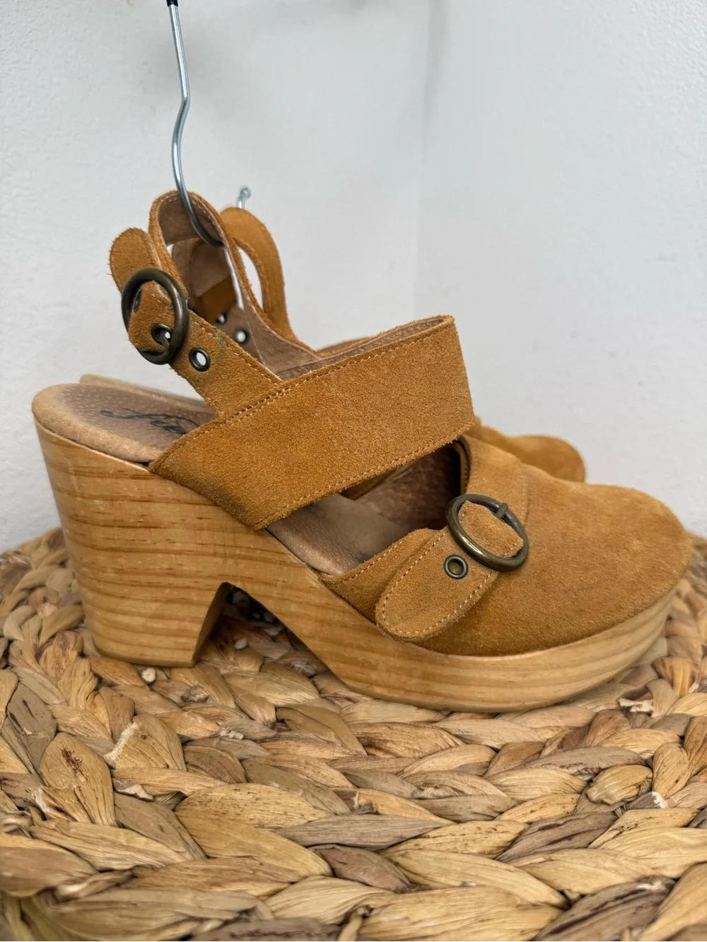 Free People Clogs Park Circle Suede Clog camel tan wooden heel lagenlook